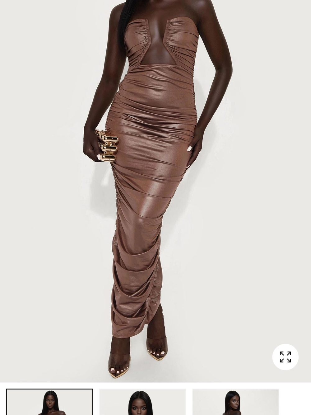 Brown Ruched Strapless Maxi dress